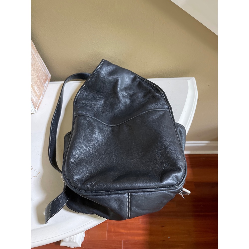 Levenger Day One Vintage Black Pebbled Leather Sling Backpack  Crossbody Bag